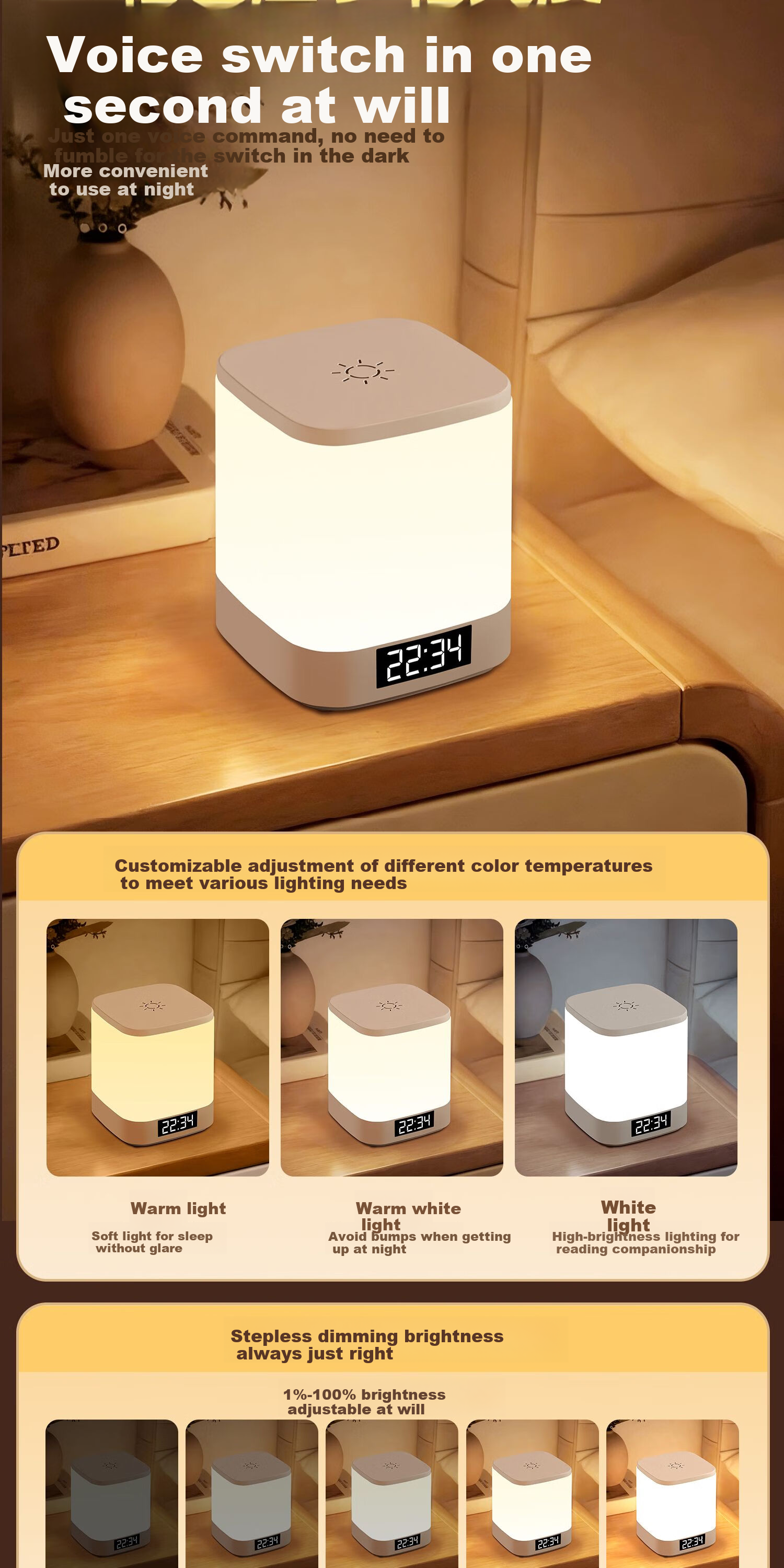 XinYouSuoShu Voice-Controlled Smart Night Light Voice-Activated Sensor Bedside Lamp Bedroom Rechargeable Baby Feeding Eye Protection Sleep Companion Light 8