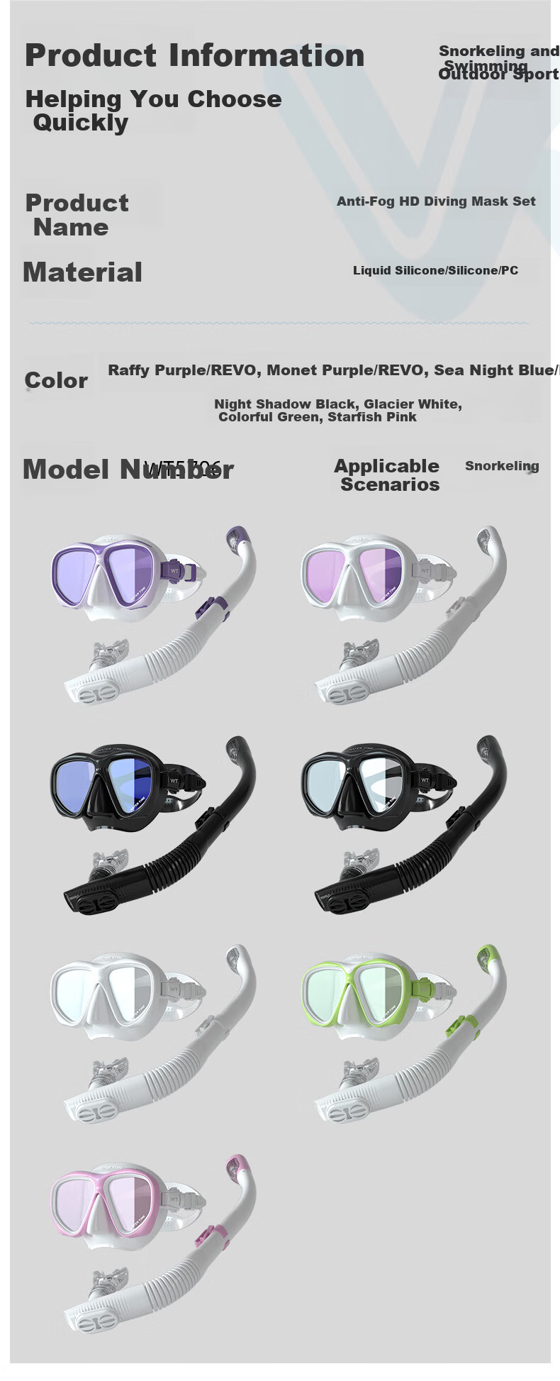 WATERTIME Shuichuan Snorkeling Mask Diving Goggles Snorkel Set Coated Sea Night Blue 9