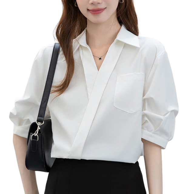 Handu Yishe Women's Short Sleeve Shirt 2026 Summer Commuter V-Neck Light Professional White Blouse XL