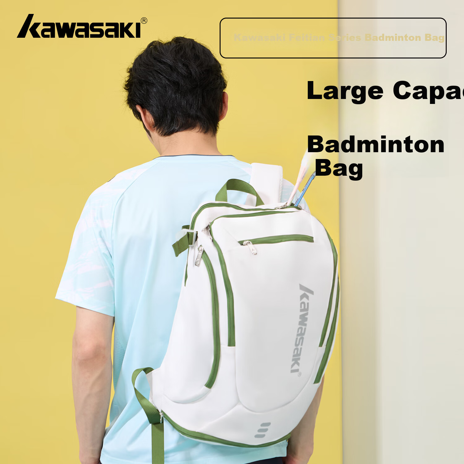 KAWASAKI Badminton Bag Feitian Qiming Large Capacity Lightweight Waterproof Durable Sports Backpack D8279 White Green