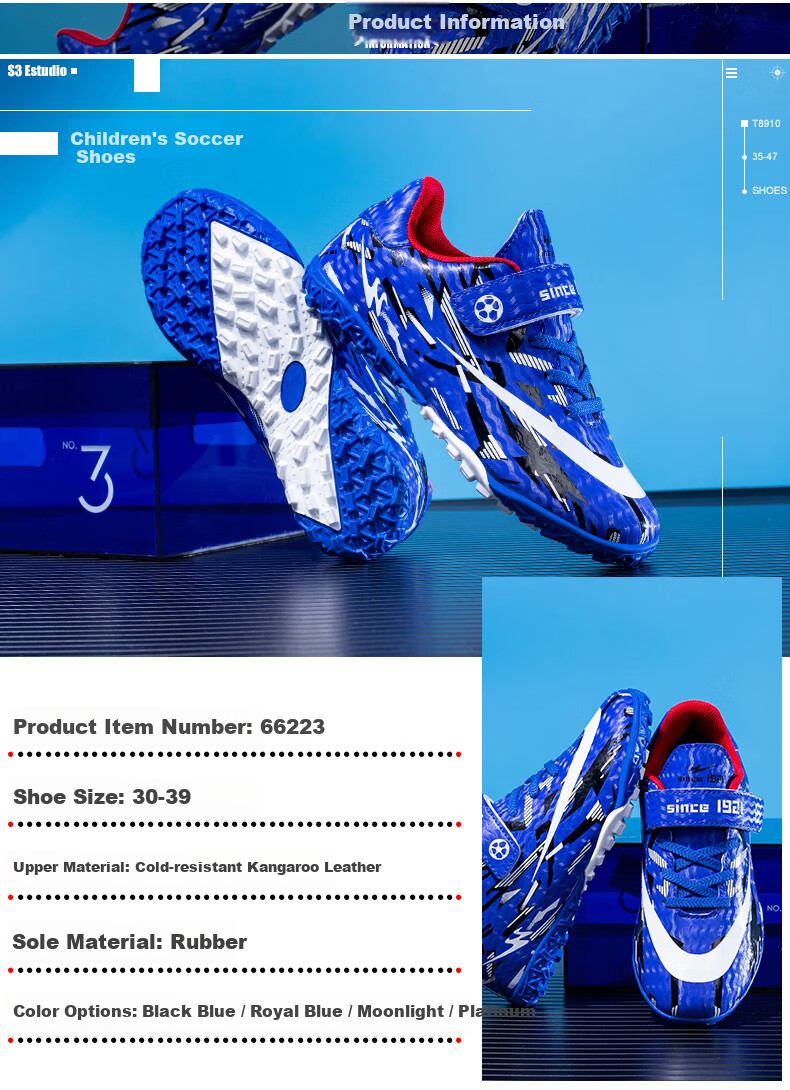 Shuangxing Kids Soccer Shoes Velcro TF Turf Studs Spring Autumn Non-slip Wear-resistant Training Student Football Shoes Black Blue 37 3