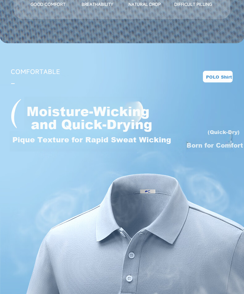 Warrior Men's High-End Polo Shirt Summer National Trend Casual Sports Ice Silk Cooling Quick-Dry Short Sleeve Mist Blue 3XL 6