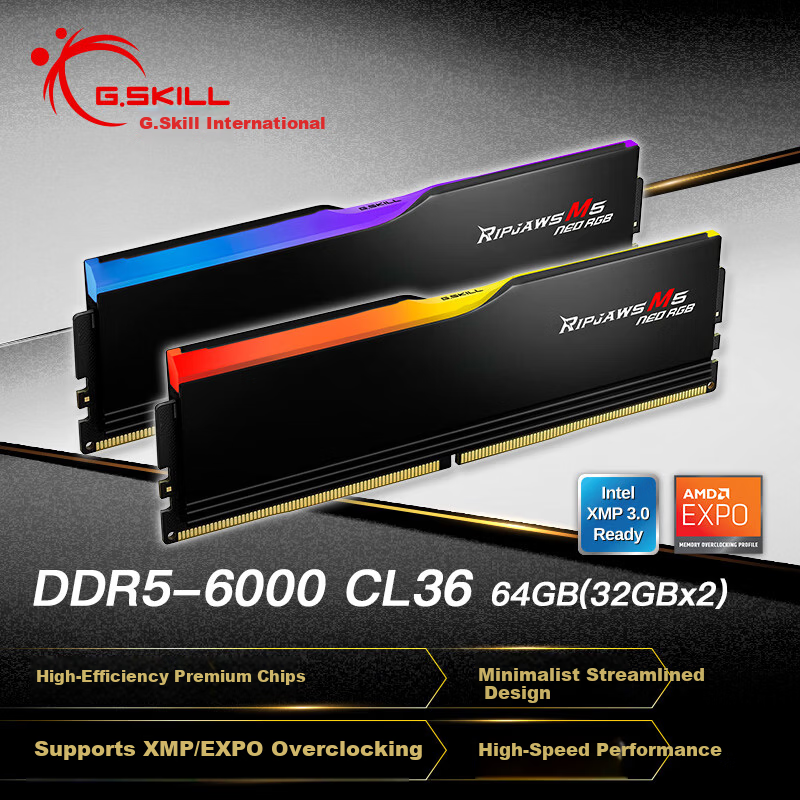 G.SKILL 64GB (32GBx2) DDR5 6000 Desktop Memory - Trident Z5 RGB Black / AMD EXPO / C36