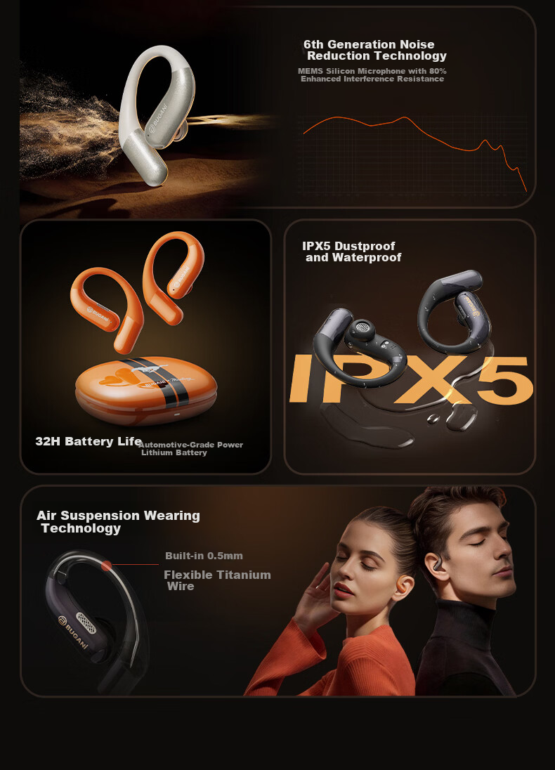 BUGANI Free B16 Ford Mustang Edition Bluetooth Earbuds Open-Ear Wireless AI Simultaneous Translation Sports Running Earphones Yao Ye Black 8