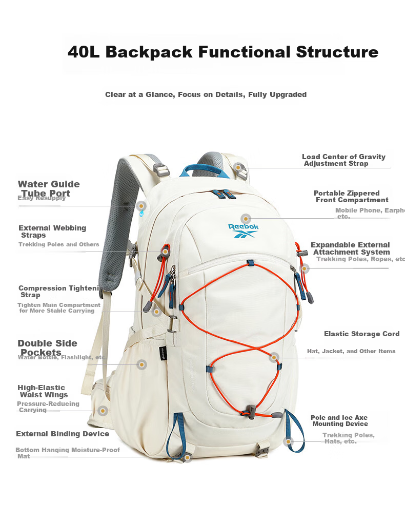 Reebok Large Capacity Hiking Backpack Women Lightweight Sports Outdoor Travel Laptop School Bag Men Caramel 40L 8