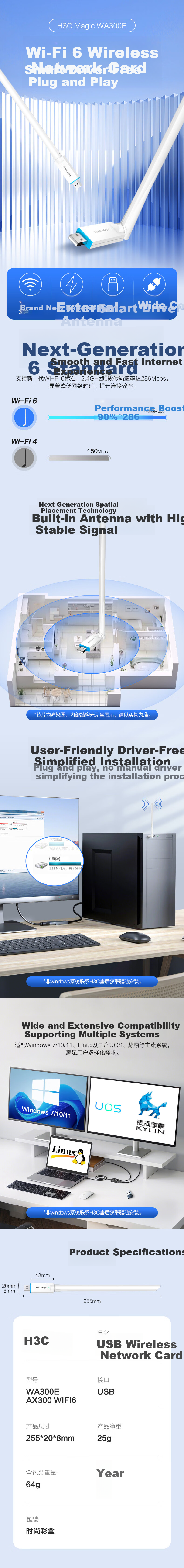 H3C New H3C WA300E USB Wireless Network Adapter WiFi Receiver Desktop Laptop Universal Wireless WiFi Transmitter with Antenna 1