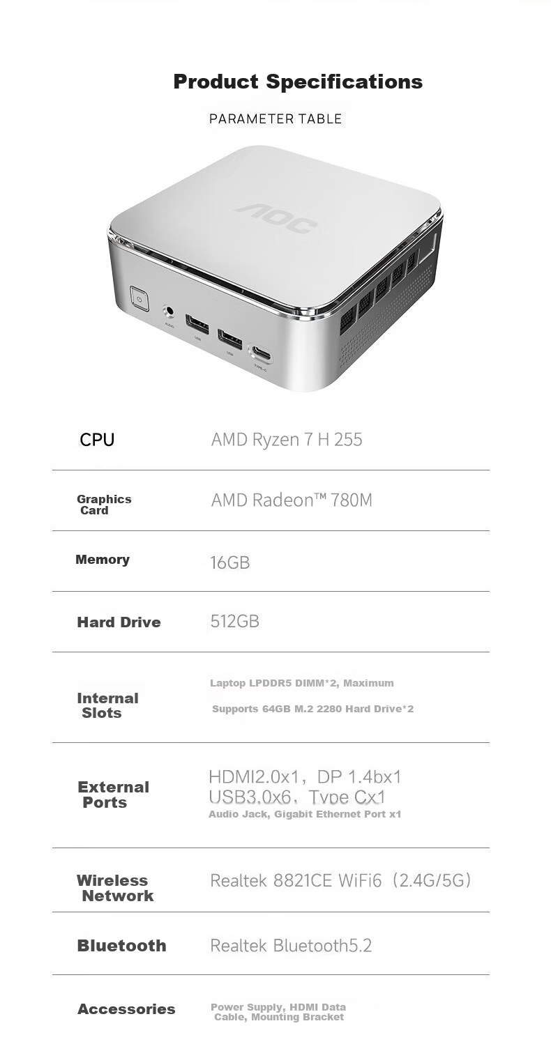 AOC Mini PC MOSS Moss M6Plus High-Performance Lobster OpenClaw Commercial Office Home Desktop Computer (R7-H255 16GB 512GB Wall-Mount) 7