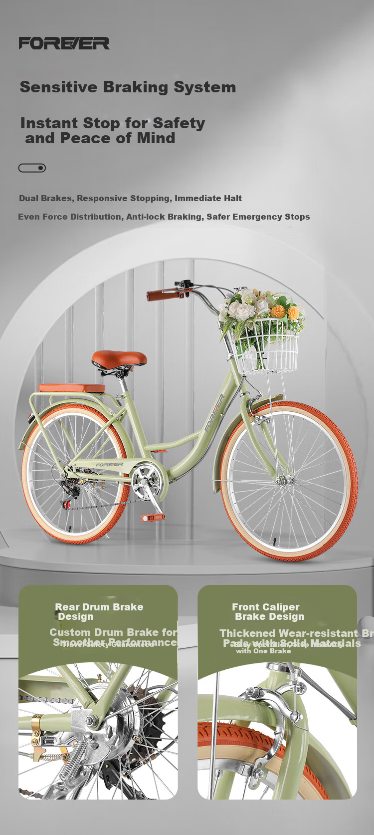 FOREVER City Bicycle Single Speed 24-inch Unisex Adult Youth Student Urban Casual Bike Pearl White 7