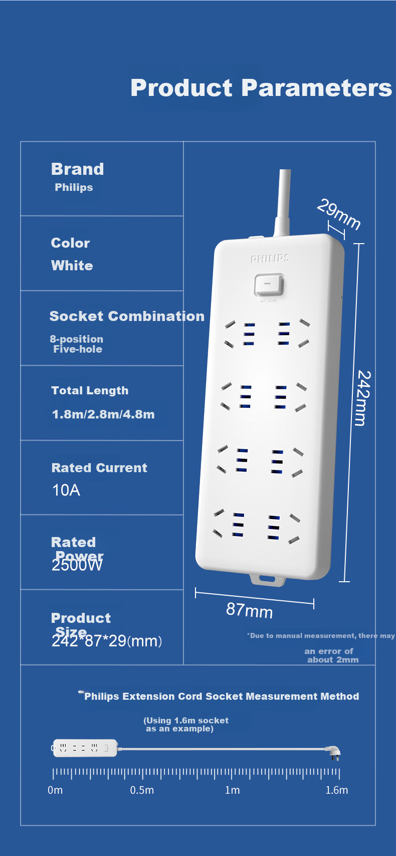 PHILIPS 10-Socket Master Control Switch 1.8m with Child Safety Shutter Power Strip Extension Cord Socket Outlet 12