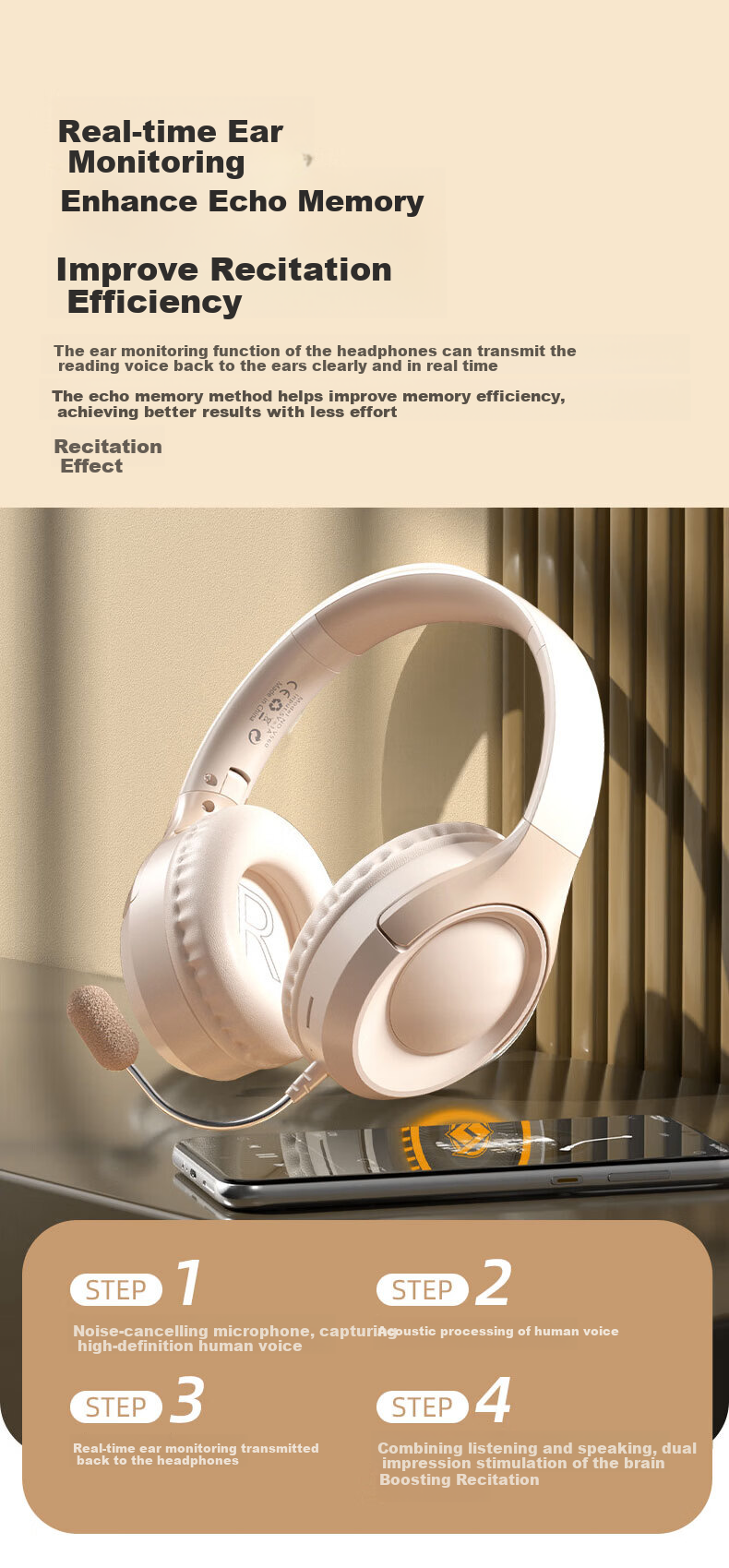 EZHK Children's In-Ear Monitor Headphones Noise-Canceling Bluetooth Over-Ear Headset for Students Ages 6-15 Reading and Learning Gift for Boys and Girls 4