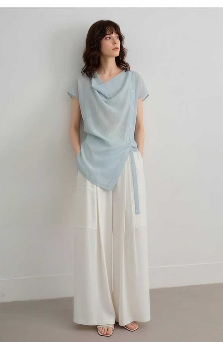 Demana [Translucent Aesthetics] Summer Draped Collar Adjustable Strap Shoulder Short Sleeve Lightweight Loose Slimming Women's Shirt 17