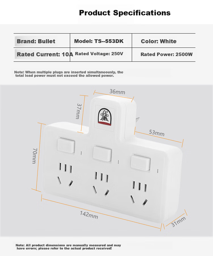 Bullet Head Adapter Plug T-Shaped One-to-Three Socket / Wireless Adapter Socket / Power Converter / One-to-Multiple Socket / Power Strip / 3-Outlet Controlled Socket TS-553DK 5