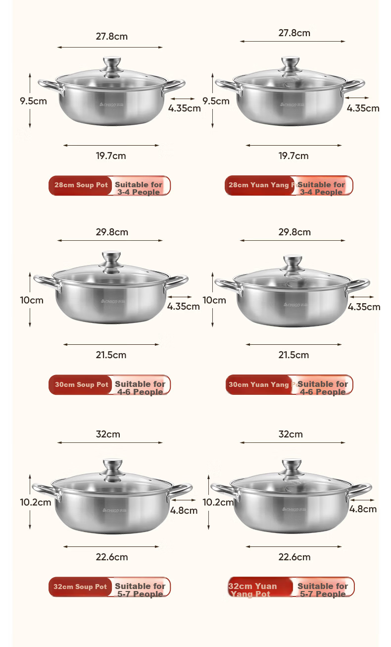 CHIGO 32cm 304 Stainless Steel Hot Pot Soup Pot Large Capacity Household Shabu-Shabu Pot Compatible with Induction Cooker and Gas Stove 18