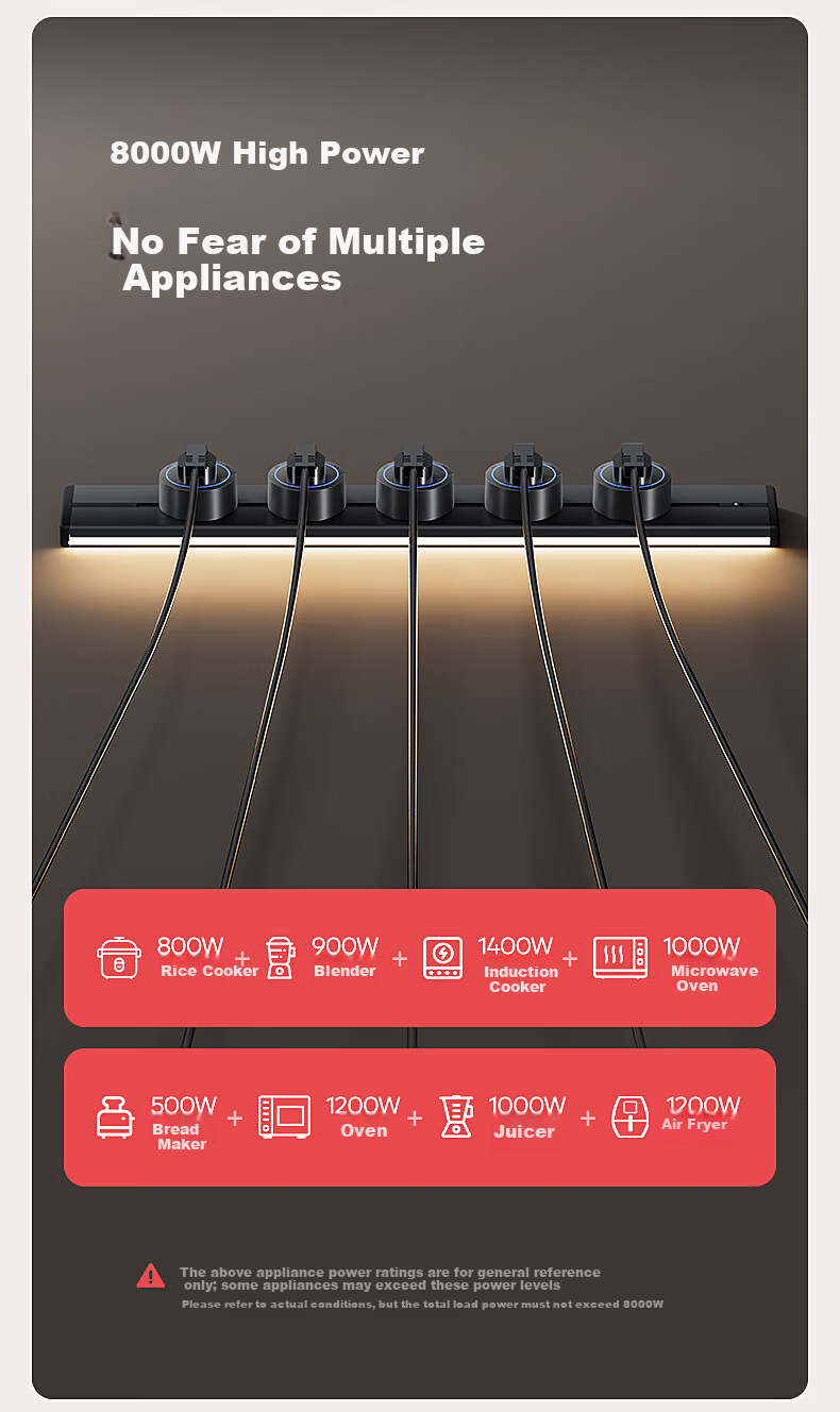 International Electric Track Socket with Sensor Light Kitchen Sideboard Island High Power Smart Power Rail Strip Surface Mounted Track Mobile Power 60cm + 4 Adapters 9