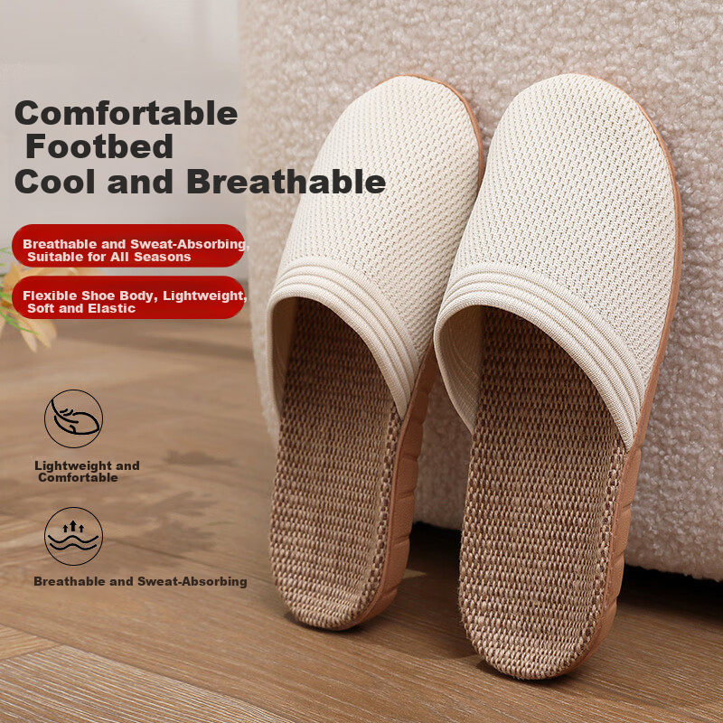Guoluofi Japanese Style Spring Autumn Linen Slippers Summer Unisex Home Non-Slip Indoor Cotton Linen Floor Sandals Couple Beige 40-41