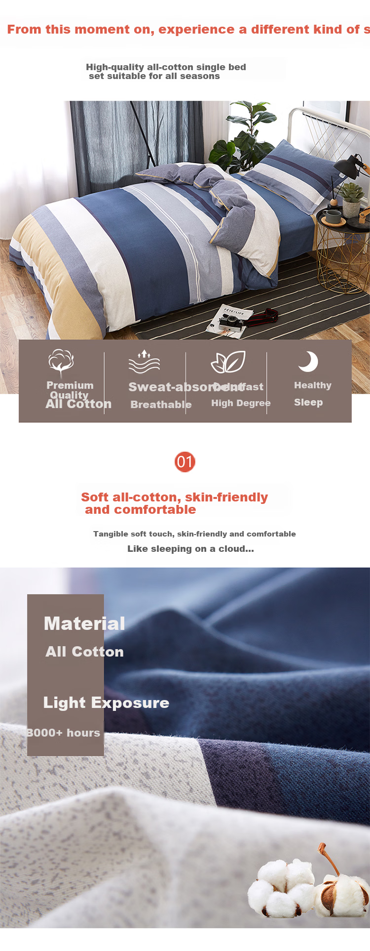 AVIVI Class A Dormitory Three-Piece Set Pure Cotton, 100% Cotton Single Bedding Cover, Bed Sheet, Duvet Cover, 150*200cm, Badel 2