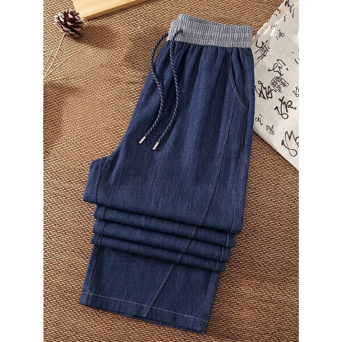 Demana Draped Air Pants Summer Commuter Colorblock Elastic Waist Curved Leg Loose Slim Petite Women's Casual Pants