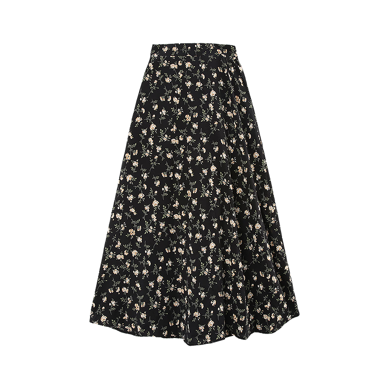 Awakening Paradise 2026 Summer New Slimming A-Line Mid-Length Skirt Black Base Yellow Floral One Size