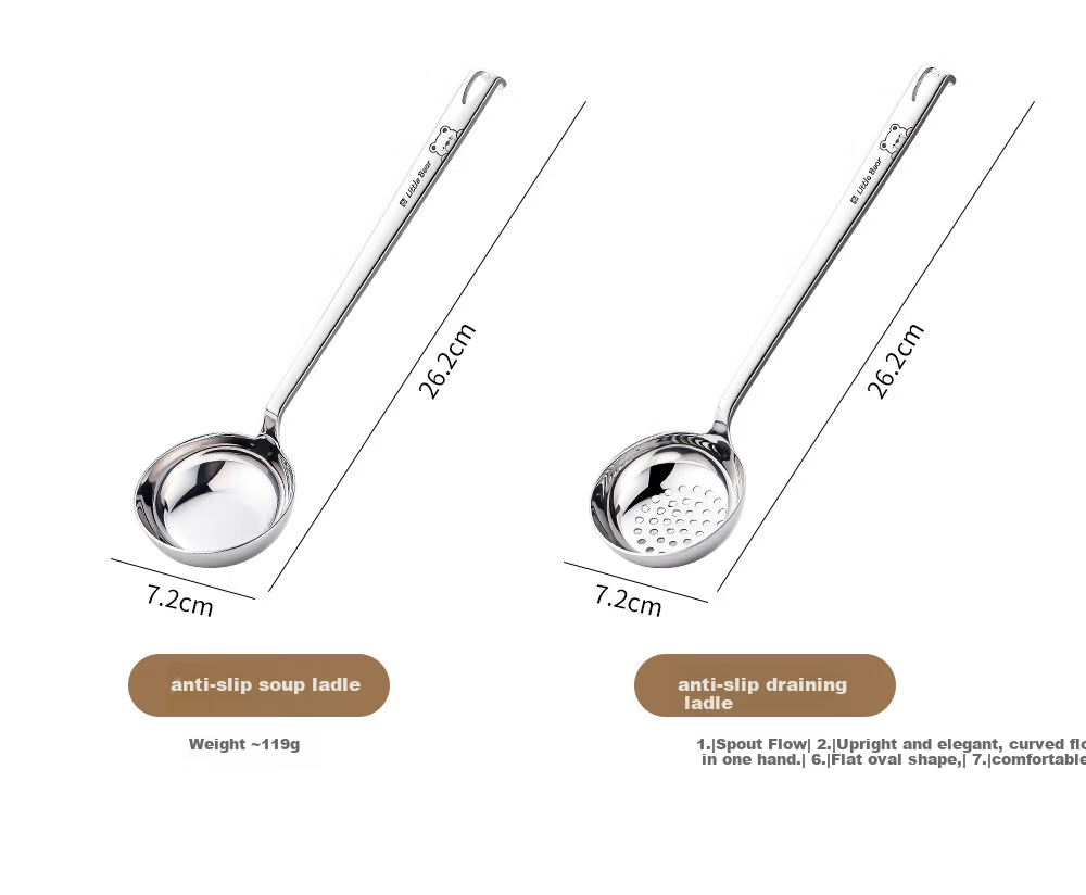Guofeng 316 Stainless Steel Large Soup Ladle Kitchen Hot Pot Slotted Spoon High-End Non-Slip Set [Soup Ladle + Slotted Spoon] 7