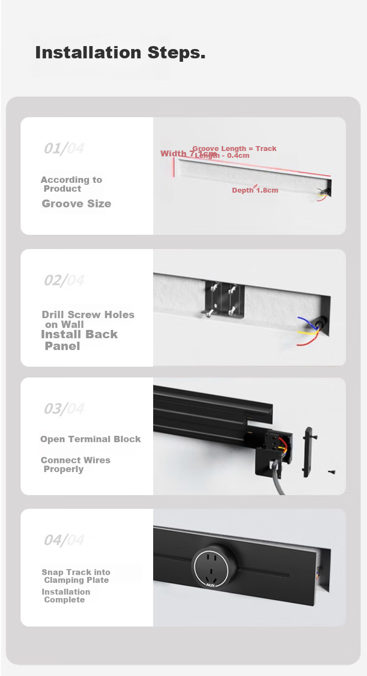 AUX Track Socket Sliding Rail Multi-Functional Power Strip Concealed Embedded Rail Socket Switch 50cm Track + 3 Black Five-Hole Outlets 7