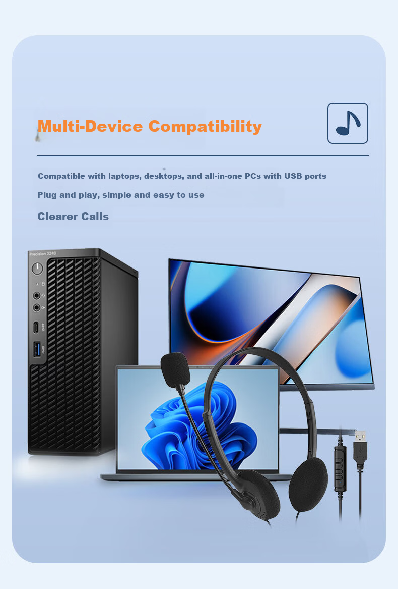EZHK Customer Service Headset Over-Ear Noise-Cancelling Microphone USB 2-in-1 Desktop Computer Headphones 10