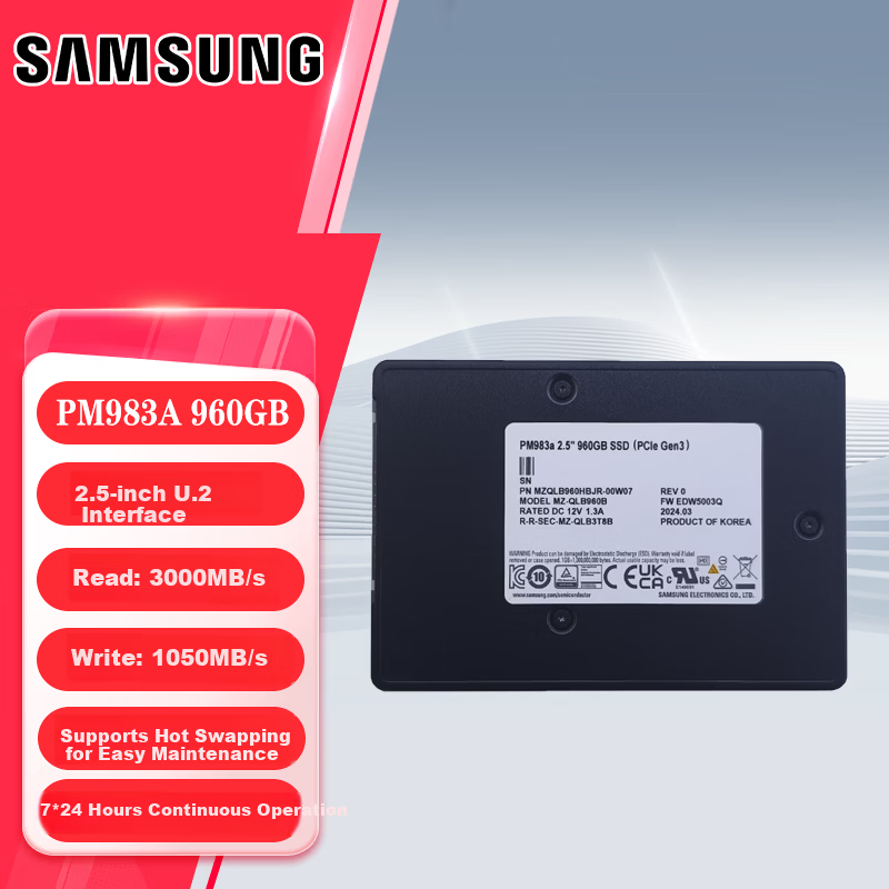 SAMSUNG Enterprise SSD 960GB Server Drive PM983a U.2 NVMe PCIe 3.0 Brand New Desktop SSD