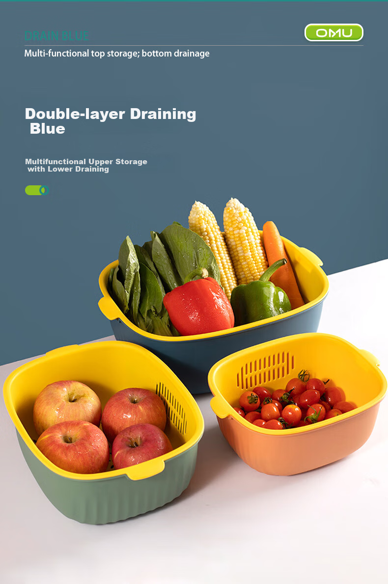 Aomeiyou Double-Layer Plastic Draining Basket Dishwasher Draining Basket Vegetable Washing Basin Household Fruit and Vegetable Basket 6-Piece Set 2