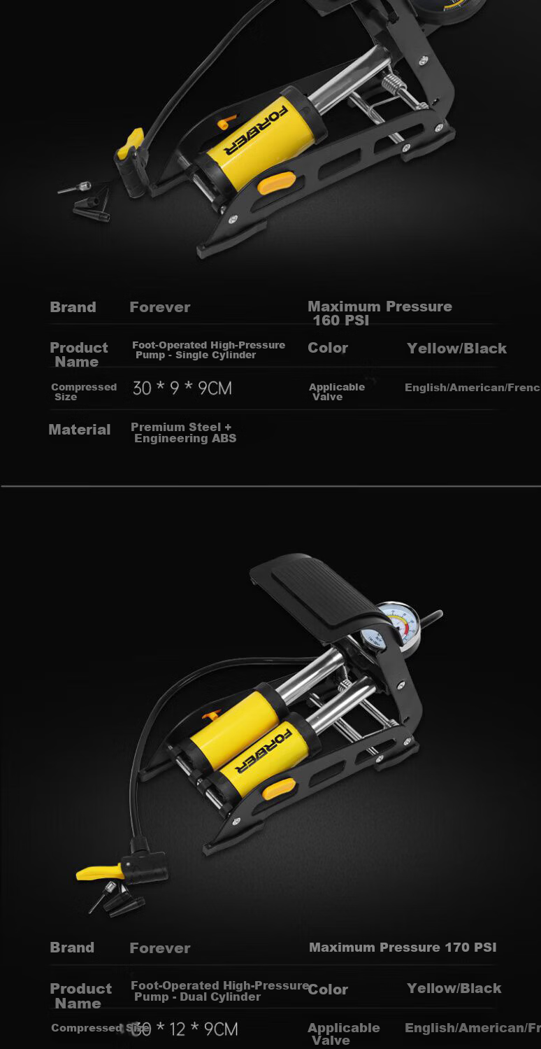 Forever Foot Pump Motor Vehicle High-Pressure Household Inflator Thickened Dual Tubes 180PSI Yellow 7