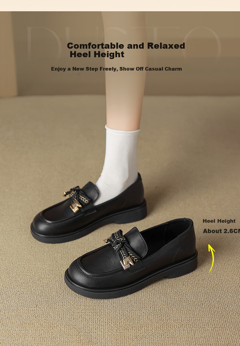 Dustodusto Black Bowknot Women's Leather Shoes 2026 New Spring British Style Slip-On Soft Sole Loafers 2