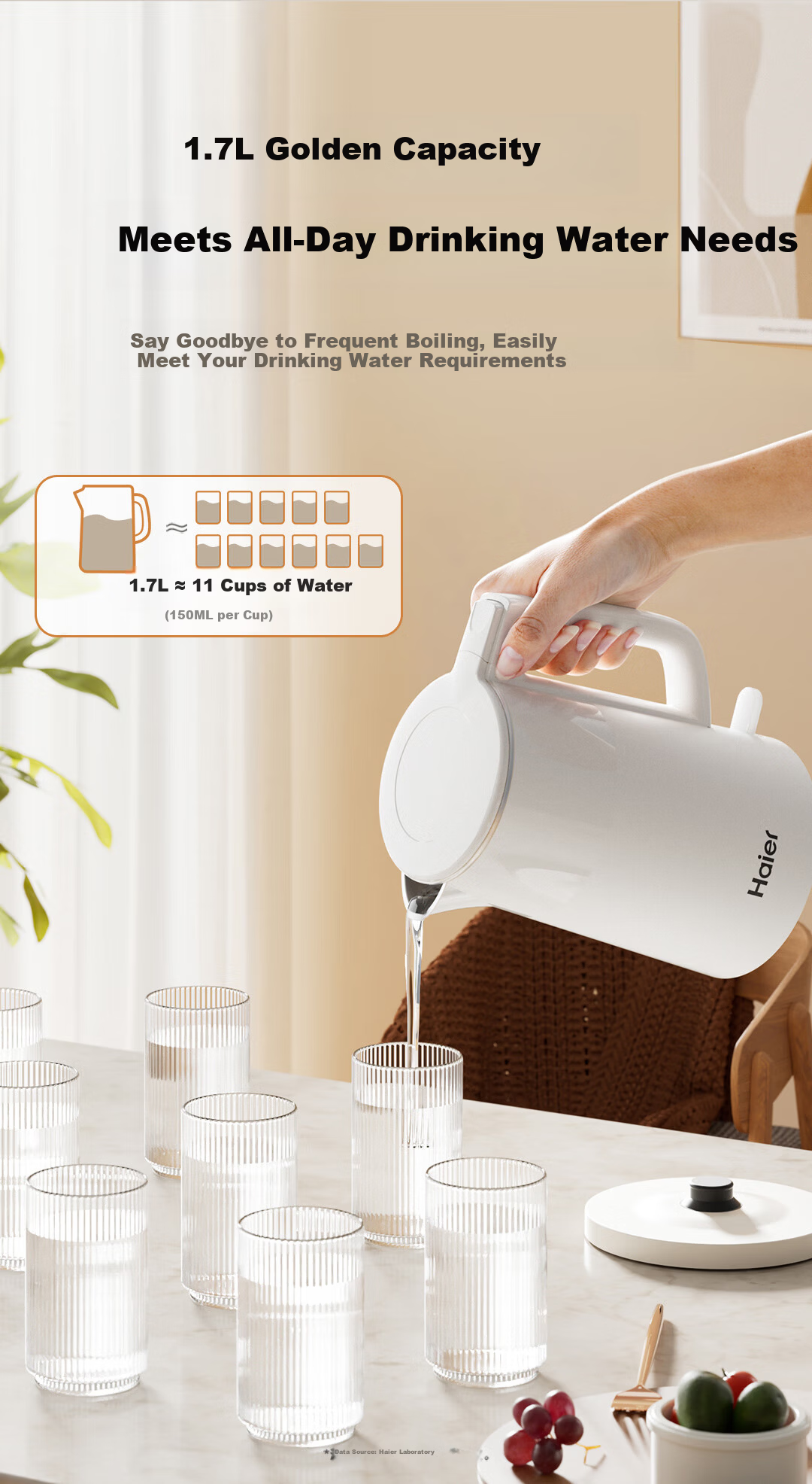 Haier Electric Kettle 1.7L 316L Food-Grade Stainless Steel Seamless Inner Liner Double-Layer Anti-Scald HSK-K617W3 6