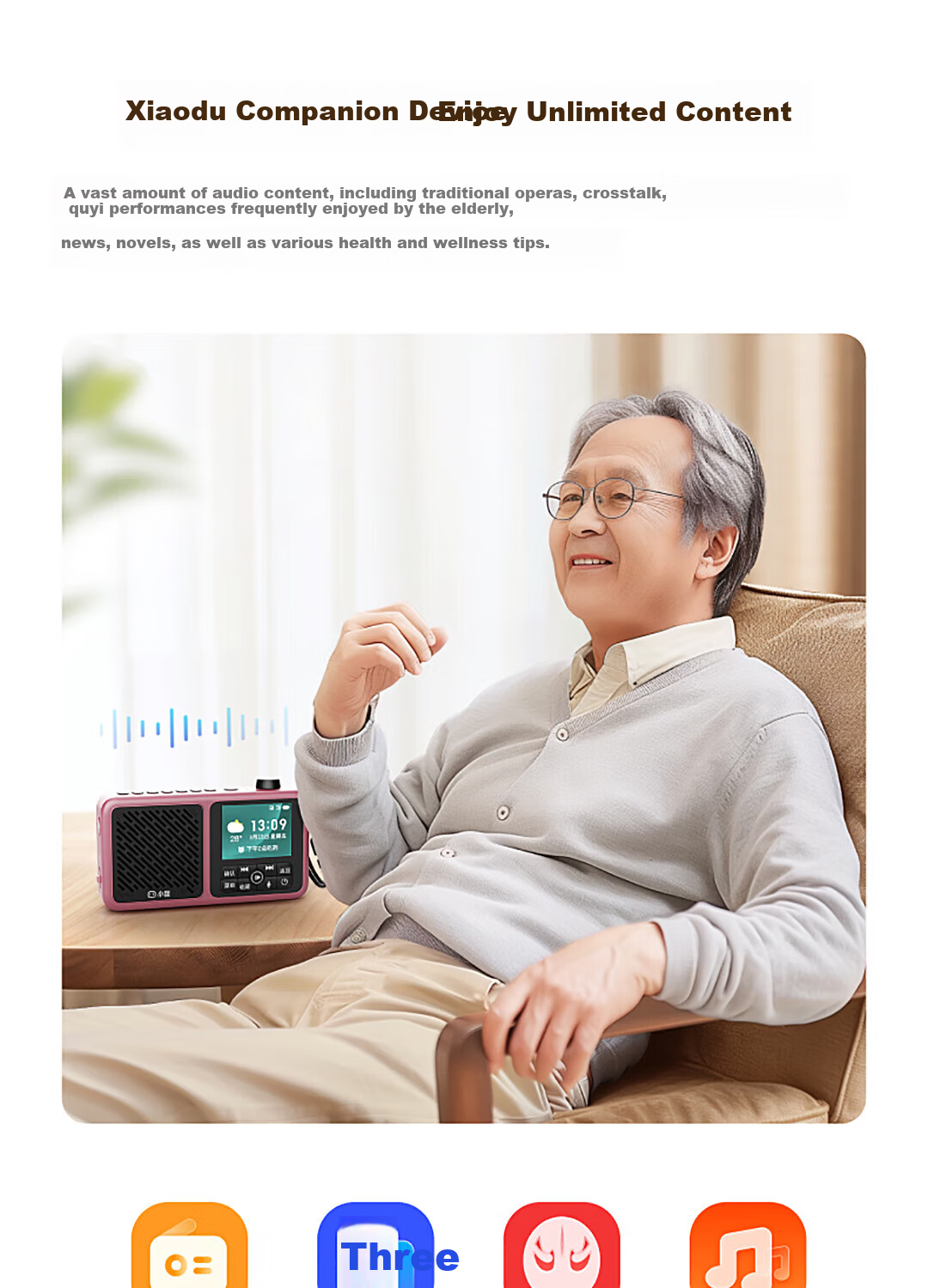 Xiaodu Elderly Companion Device Portable Outdoor Charging Card Smart FM Radio Senior Phone Voice On-Demand Massive Audio Resources Gift for Parents Family Elders Red 6