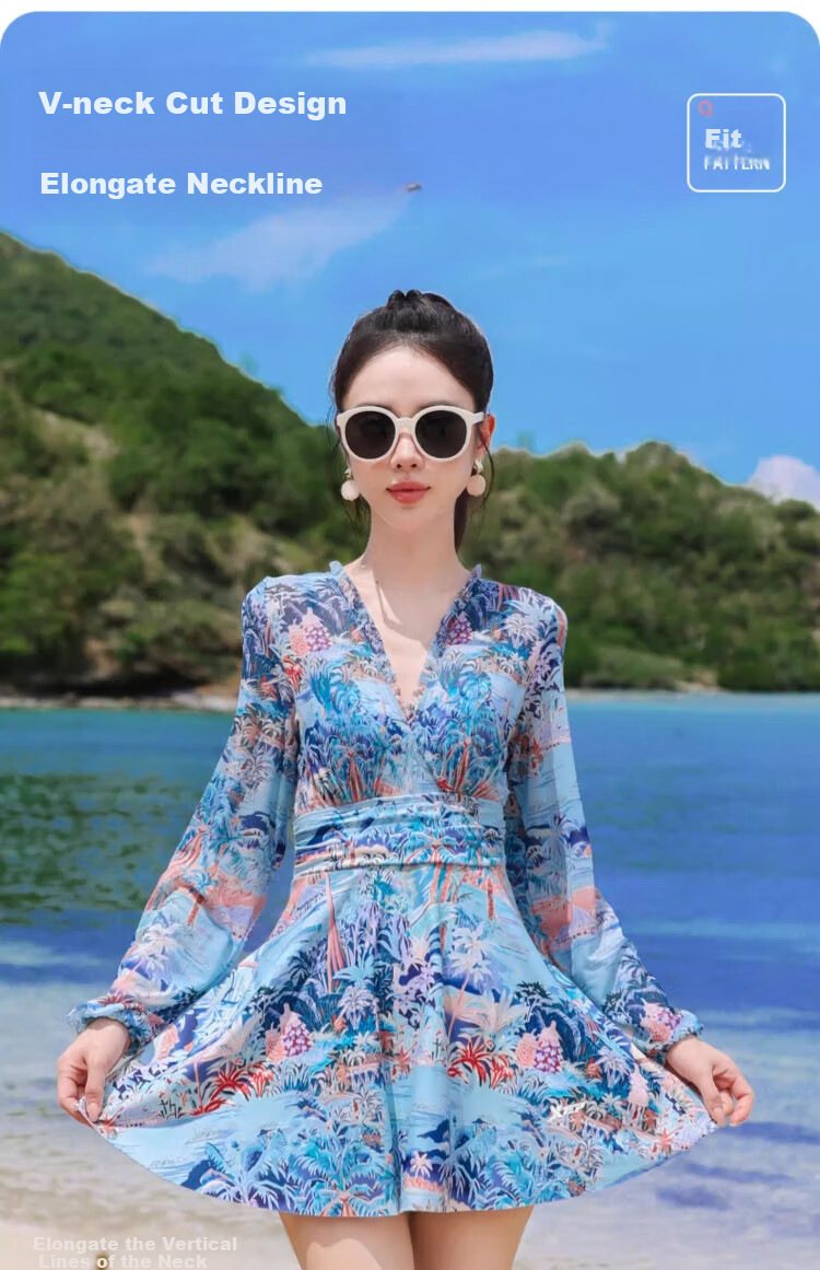 Xtep Women's Long Sleeve Swimsuit High-End Fashion Conservative Slimming One-Piece Skirt Style Plus Size Girl Tummy Control Hot Spring Vacation Swimwear 6