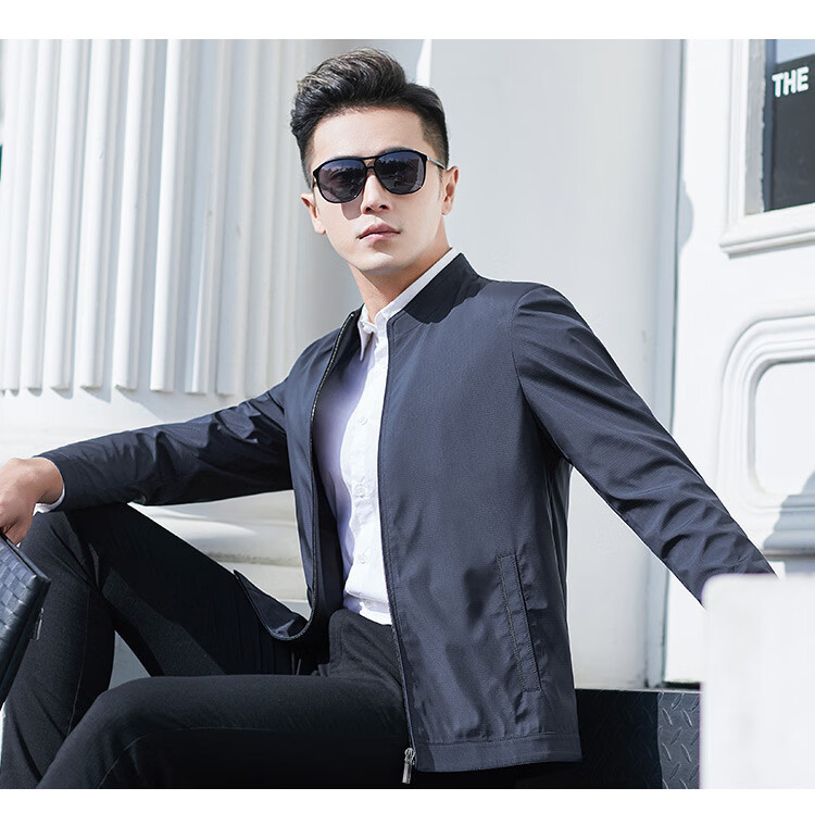 Caesar Stand Collar Jacket Men Spring Windproof Zip-up Business Casual Smooth Comfortable Commuter Coat 15