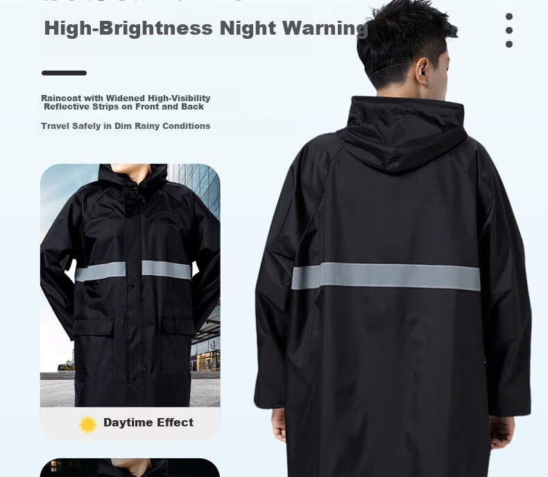 Ansell Long Trench Coat Style Raincoat Adult Long Raincoat Anti-Heavy Rain Flood Reflective Hooded Outdoor Security Duty Construction Labor Rain Poncho Black [3XL Fits 140-170 lbs] 28735 7