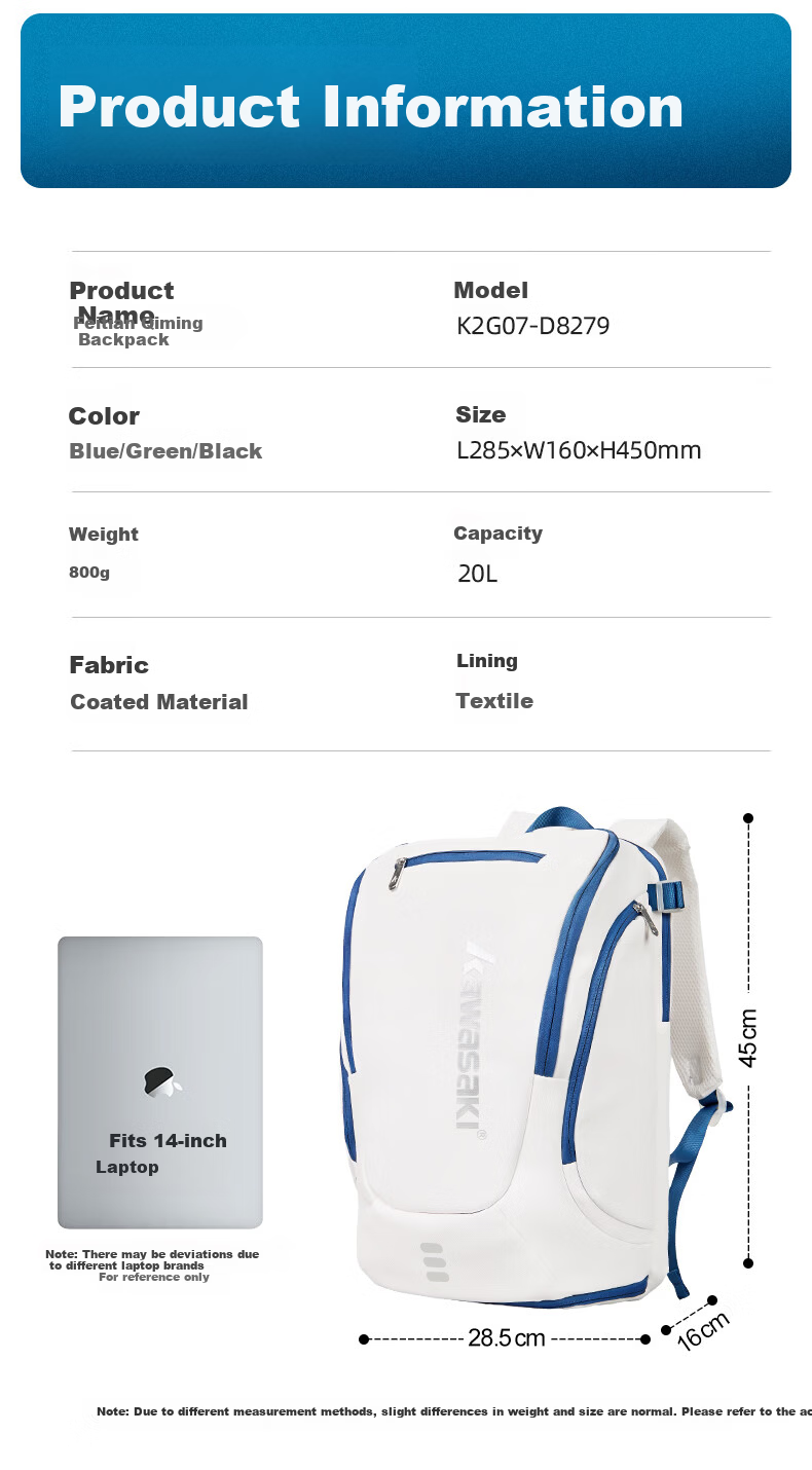 KAWASAKI Badminton Bag Feitian Qiming Large Capacity Lightweight Waterproof Durable Sports Backpack D8279 White Green 19