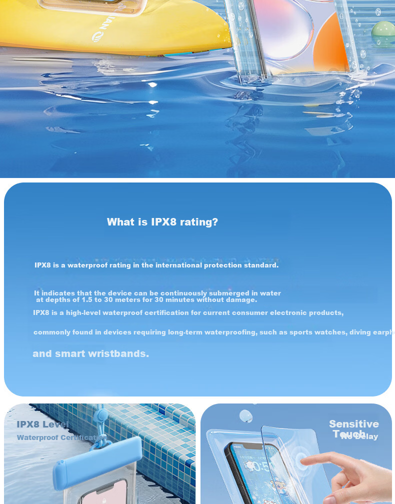 VIPY Waterproof Phone Pouch Touchscreen Compatible Underwater Camera Dustproof Swimming Rafting Sealed Lanyard Blue 1