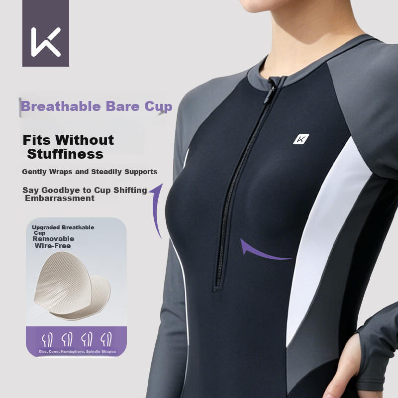 Keep Women's One-Piece Long-Sleeve Boyleg Swimsuit, Professional Training Conservative Plus-Size Swimwear, Black And Gray, Size S