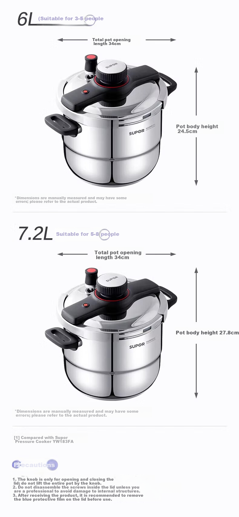 SUPOR 316L Stainless Steel Large Capacity Pressure Cooker Thickened Explosion-Proof Gas and Induction Cooker Compatible 22cm 6L 10