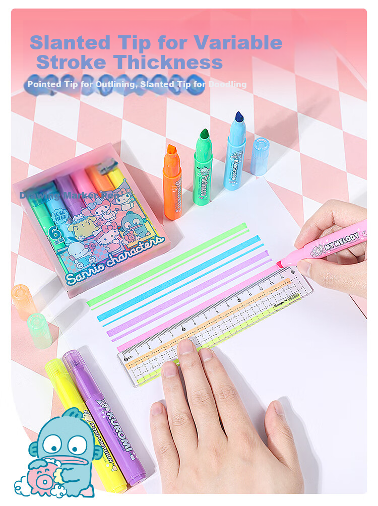 GuangBo & Sanrio Large Capacity Highlighter Pens, 6 Colors, Student Note-Taking Markers, Journaling Pens, Doodle Pencils, KT84591 5