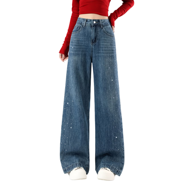 Romon Casual Versatile Women's Summer High-Waist Vintage Loose Draped Wide-Leg Cropped Jeans Retro Blue L