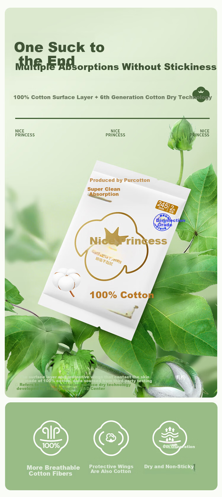 PurCotton Naise Princess Disinfection Grade Sanitary Napkins Ultra Clean Menstrual Pads 2 Pieces Day Use 2 Pieces JD Self-operated 1
