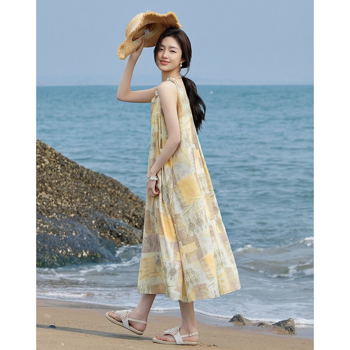 Demana Romantic City Summer Vacation Printed Rope Decor Sleeveless Slim Fit Vest Dress for Petite Women