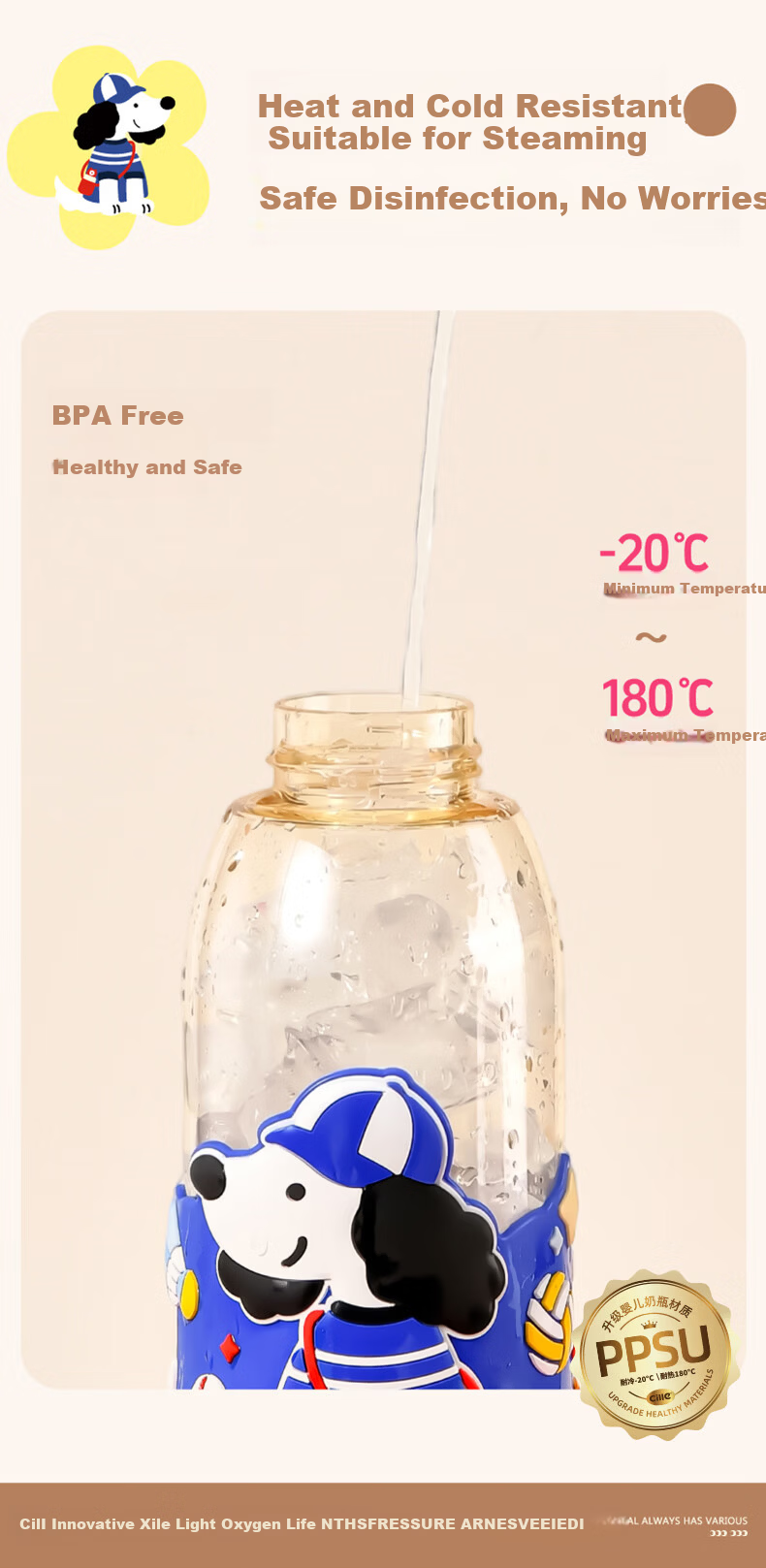 Cille Children's Water Bottle Portable Dual-Use PPSU Plastic Drinking Cup for Girls School Backpack Baby Durable High-Temperature Resistant 4