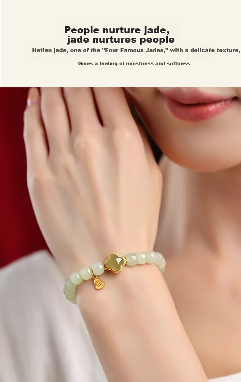 Chow Tai Fook Hetian Jade Four-Leaf Clover Silver Bracelet for Women Luxury Jade Beaded Bracelet Ring Birthday 520 Valentine's Day Gift for Girlfriend 1