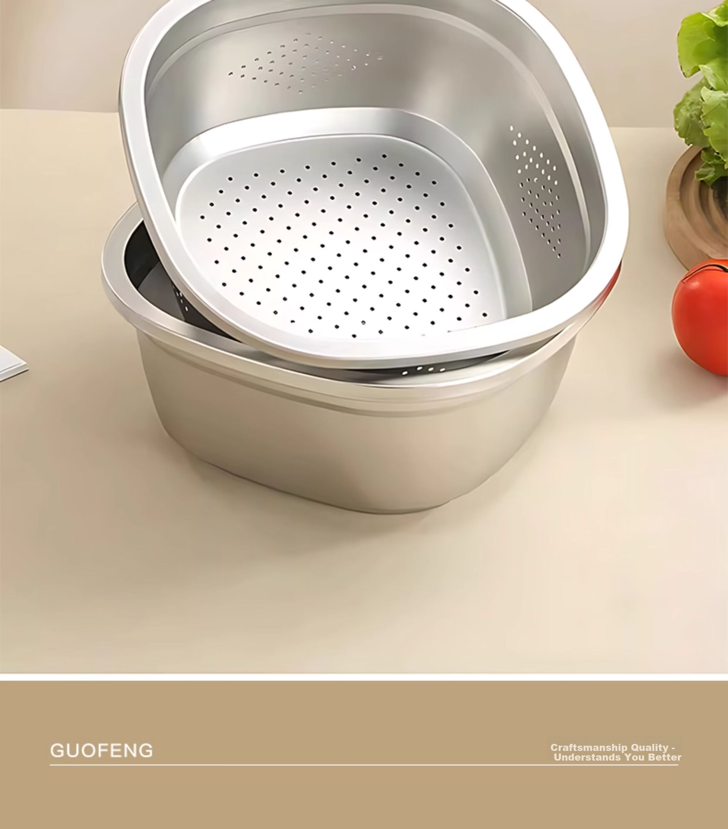 Guofeng Food-Grade Stainless Steel Square Kitchen Basin Rice Washing Bowl 26cm 19