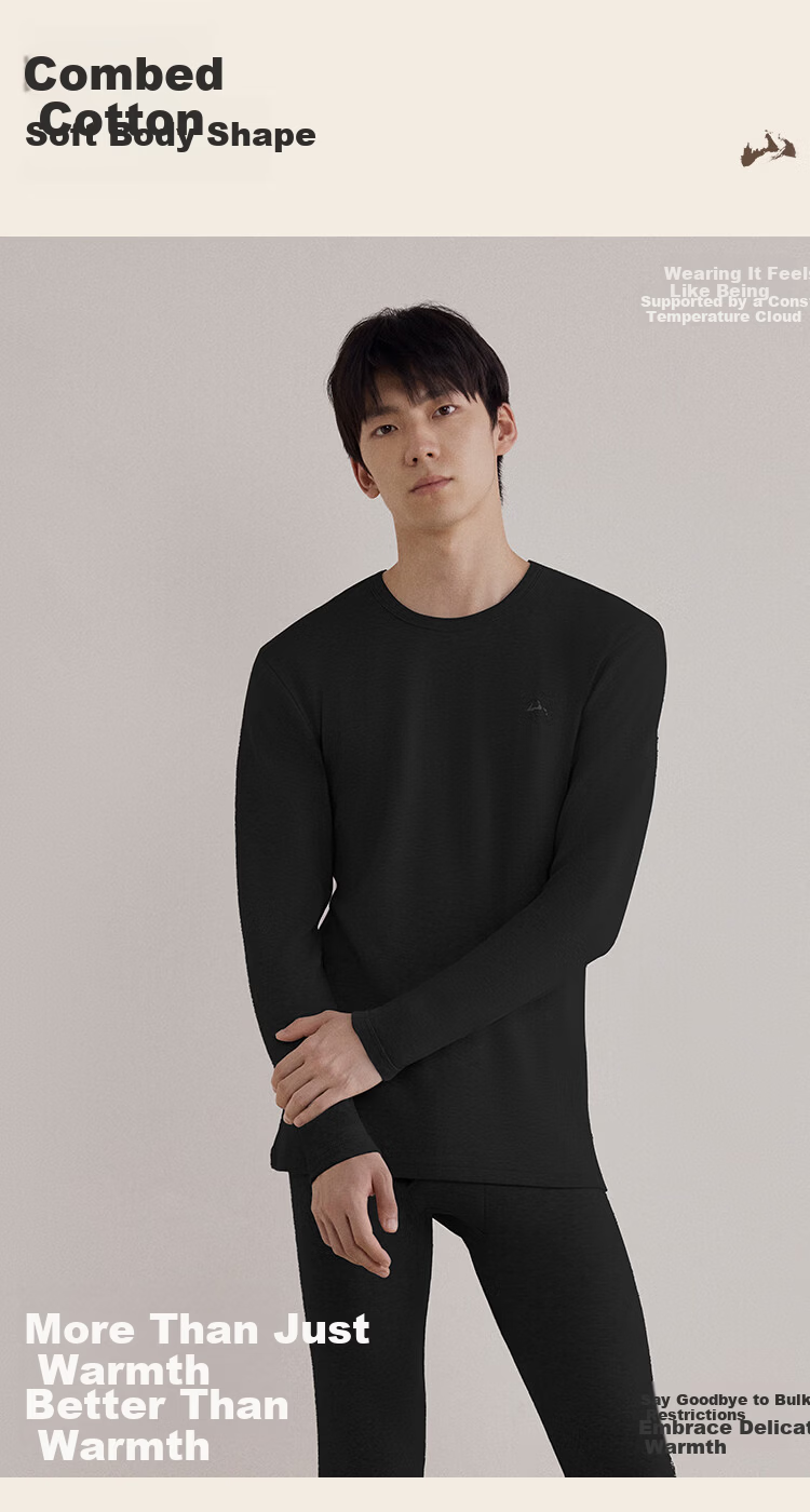 HLA【Mountain Not High】Men's Autumn Thermal Underwear Set Round Neck Class A 210g Pure Cotton Antibacterial Mite-Resistant Thin Warm Innerwear 3