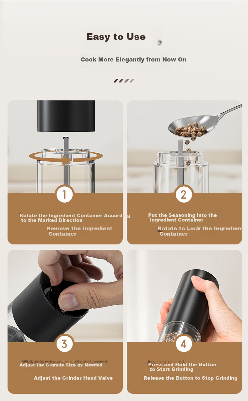 CLITON Electric Pepper Grinder Rechargeable Household Electric Grinder for Sichuan Pepper Black Pepper Sea Salt, 2-Pack 13