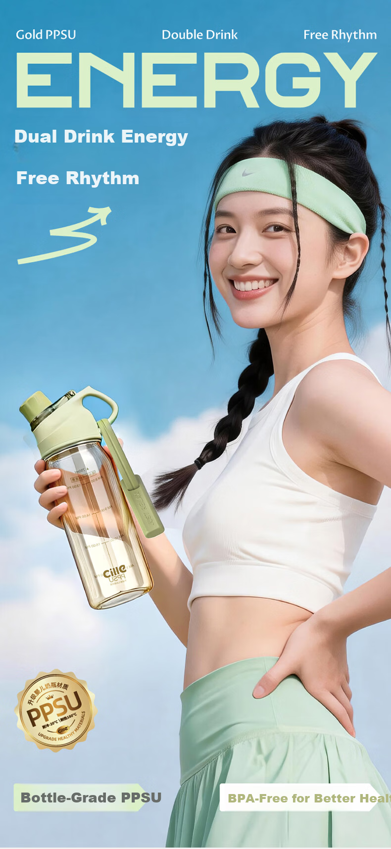 Cille PPSU Plastic Sports Water Bottle Large Capacity Double Drinking Cup with Straw for Children, Students, and Pregnant Women Shaker Bottle 1