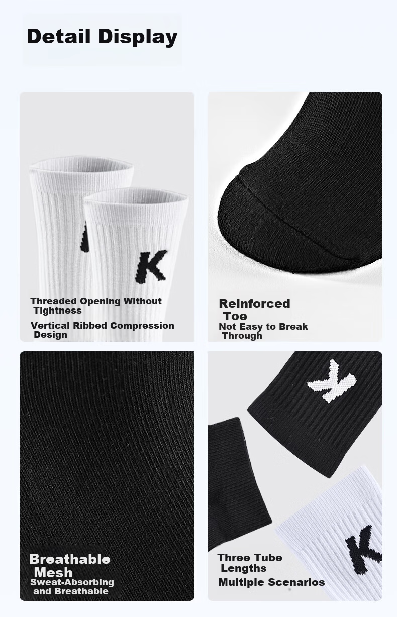 KELME Sports Socks Unisex Long Socks Running Basketball Training Fitness Mid-Short Tube 3 Pairs White [Short Tube] L 8