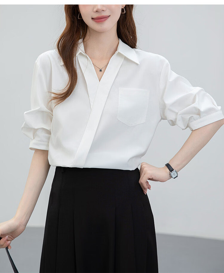 Handu Yishe Women's Short Sleeve Shirt 2026 Summer Commuting V-Neck Light Professional White Blouse M 14